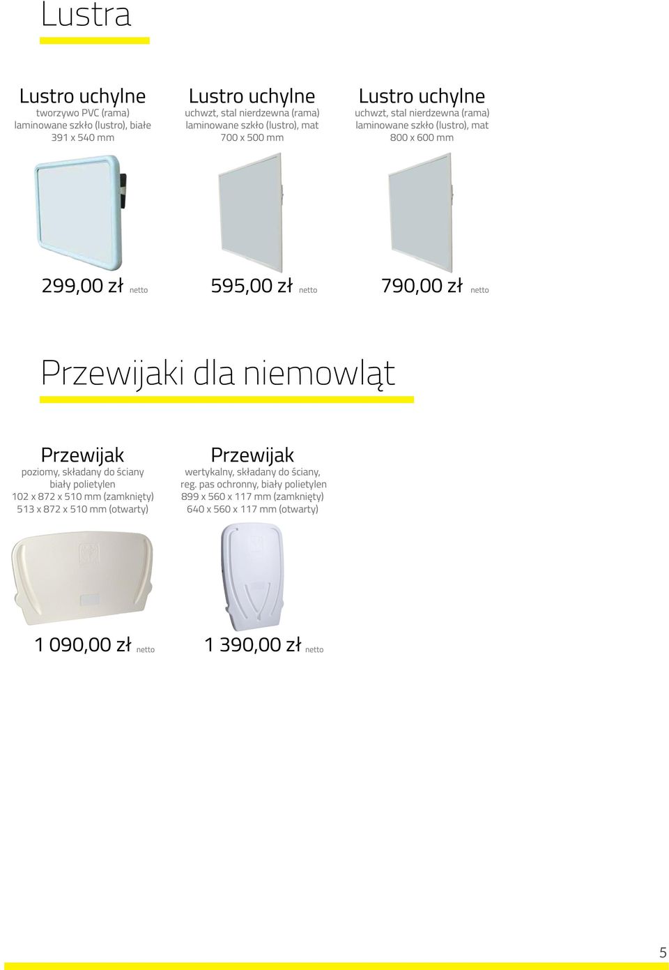 Przewijaki dla niemowląt Przewijak poziomy, składany do ściany biały polietylen 102 x 872 x 510 mm (zamknięty) 513 x 872 x 510 mm (otwarty) Przewijak