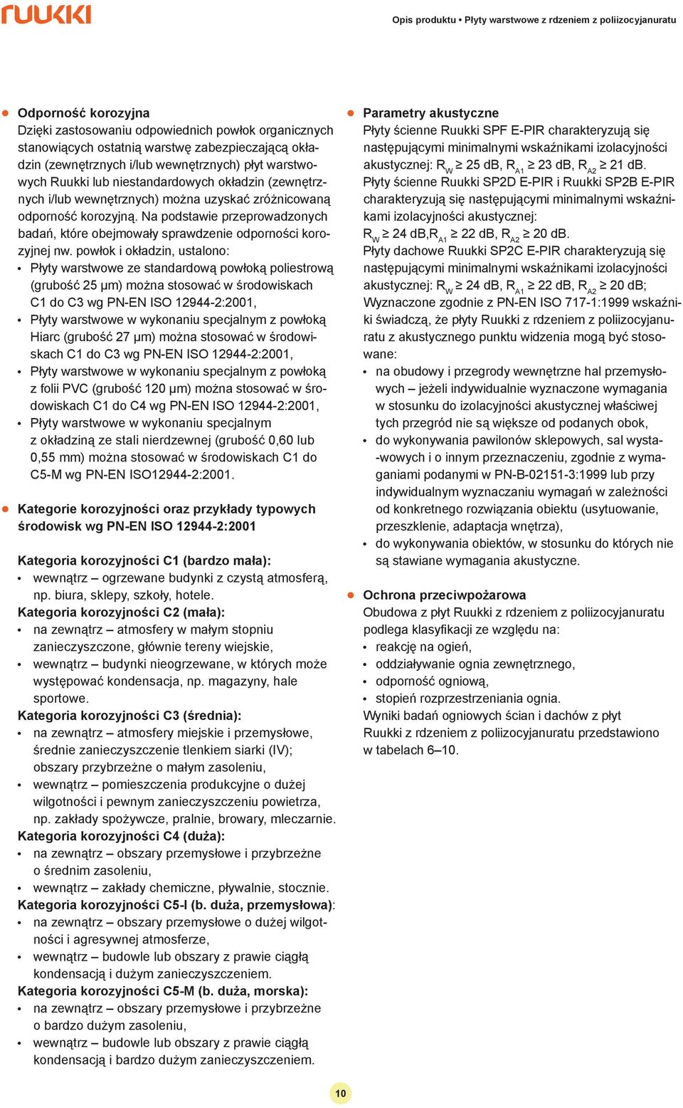 powłok i okładzin, ustaono: Płyty warstwowe ze standardową powłoką poiestrową (grubość 25 µm) można stosować w środowiskach C1 do C3 wg PN-EN ISO 12944-2:2001, Płyty warstwowe w wykonaniu specjanym z