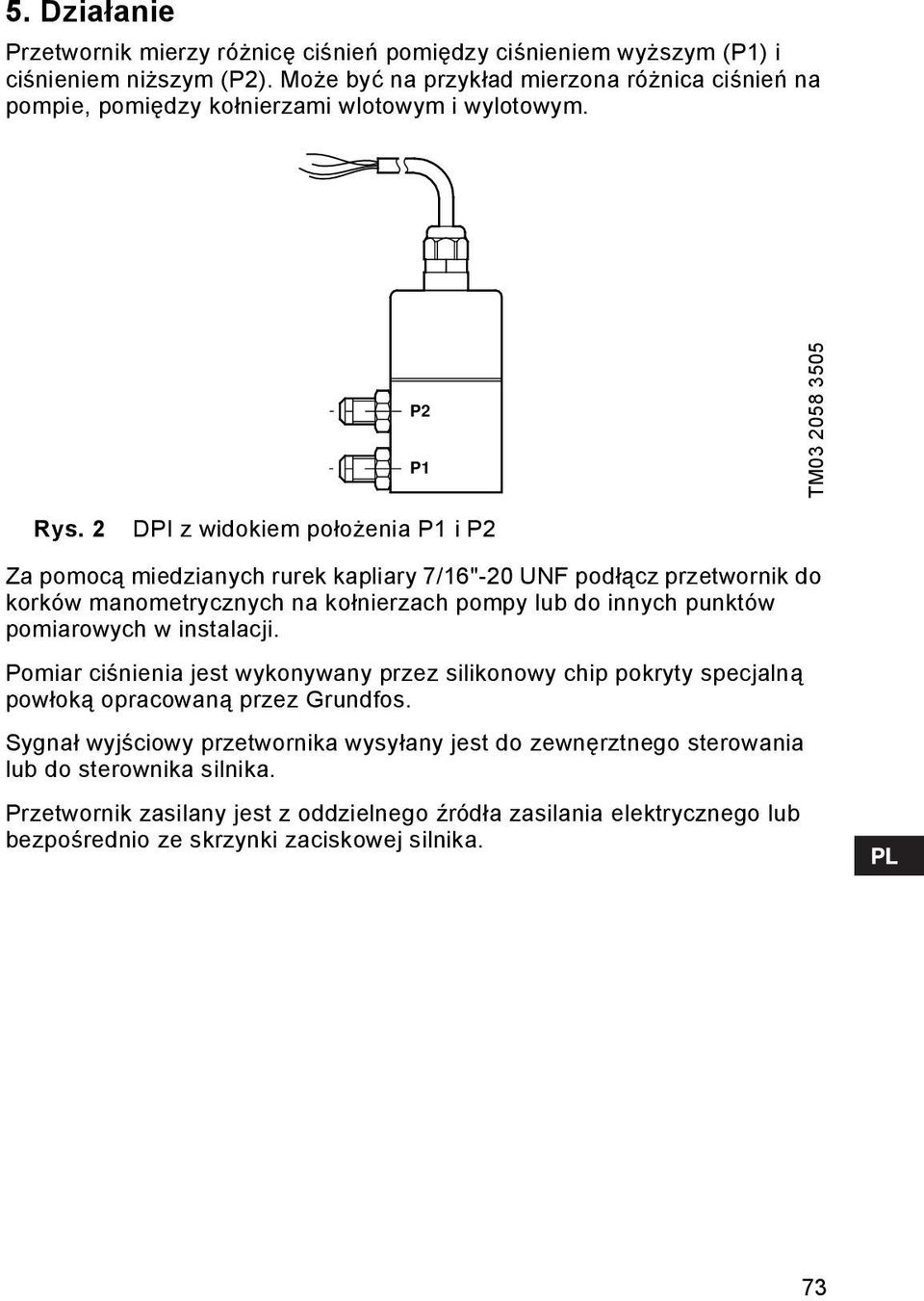 2 DPI z widokiem położenia P1 i P2 Za pomocą miedzianych rurek kapliary 7/16"-20 UNF podłącz przetwornik do korków manometrycznych na kołnierzach pompy lub do innych punktów pomiarowych w