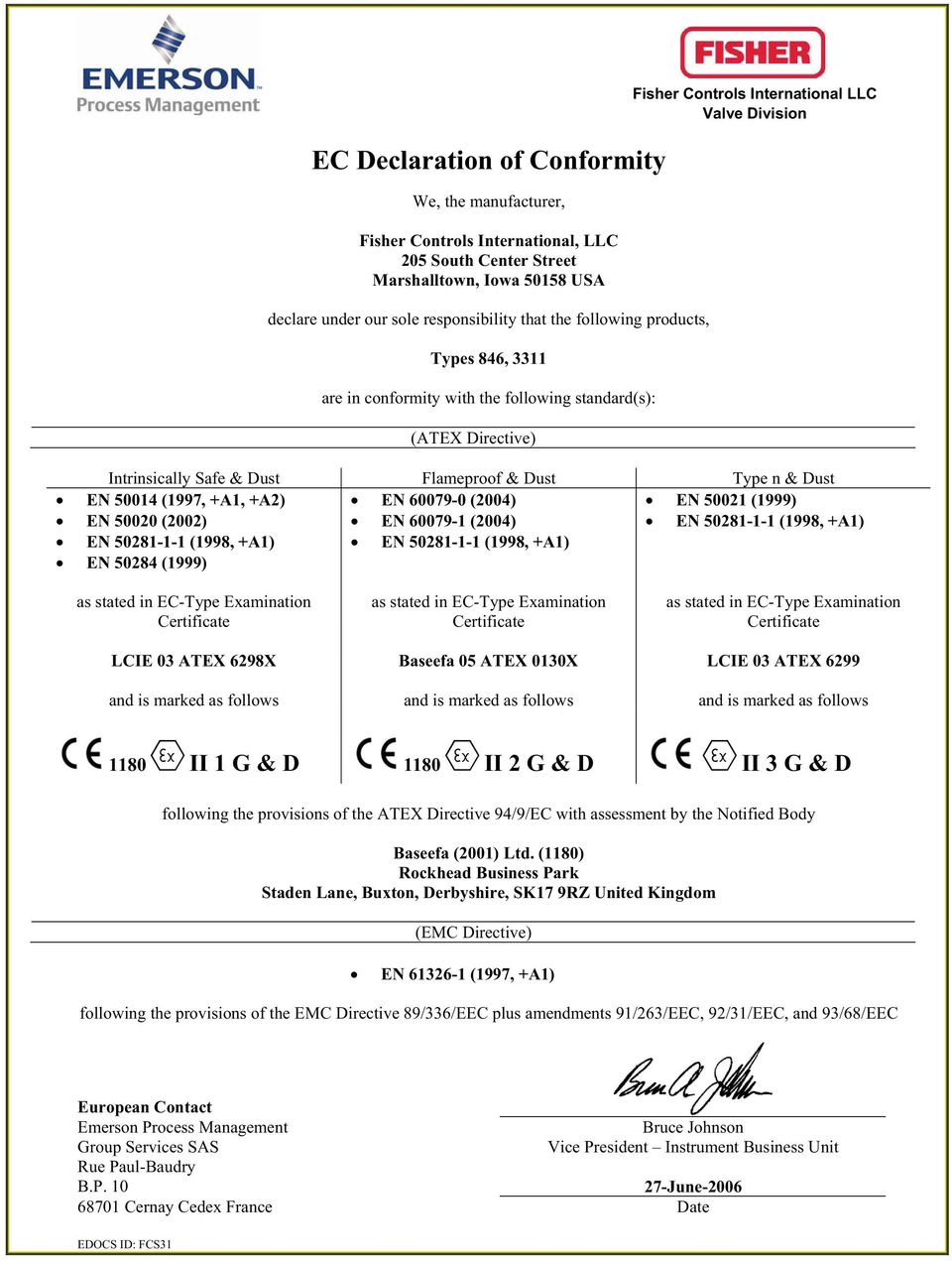 50281-1-1 (1998, +A1) EN 50284 (1999) LCIE 03 ATEX 6298X Baseefa 05 ATEX 0130X LCIE 03 ATEX 6299 and is marked as follows and is marked as follows and is marked as follows 1180 II 1 G & D 1180 II 2 G