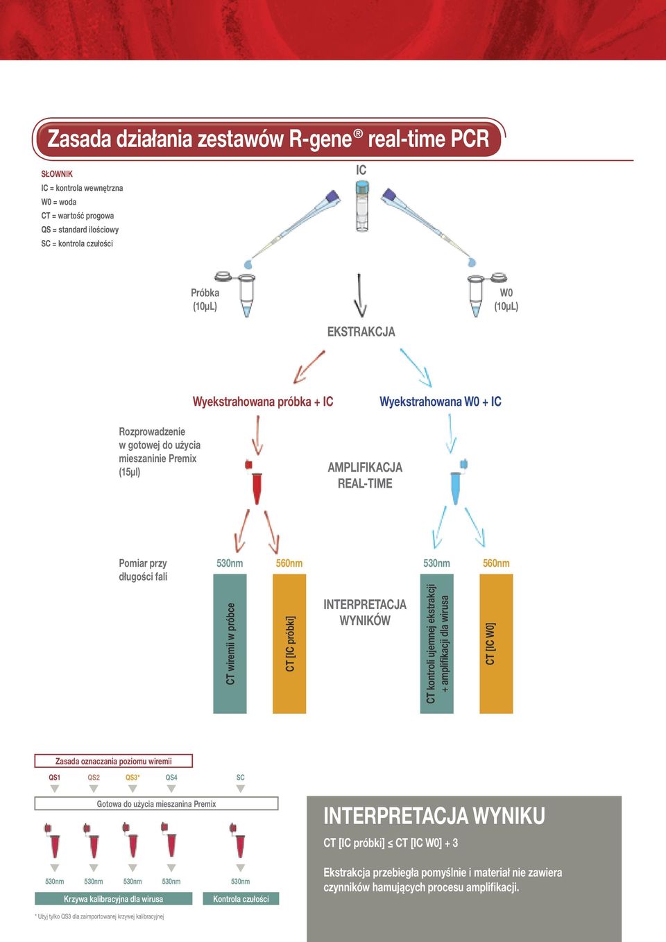 próbce CT [IC próbki] INTERPRETACJA WYNIKÓW CT kontroli ujemnej ekstrakcji + amplifikacji dla wirusa CT [IC W0] Zasada oznaczania poziomu wiremii QS1 QS2 QS3* QS4 SC Gotowa do użycia mieszanina