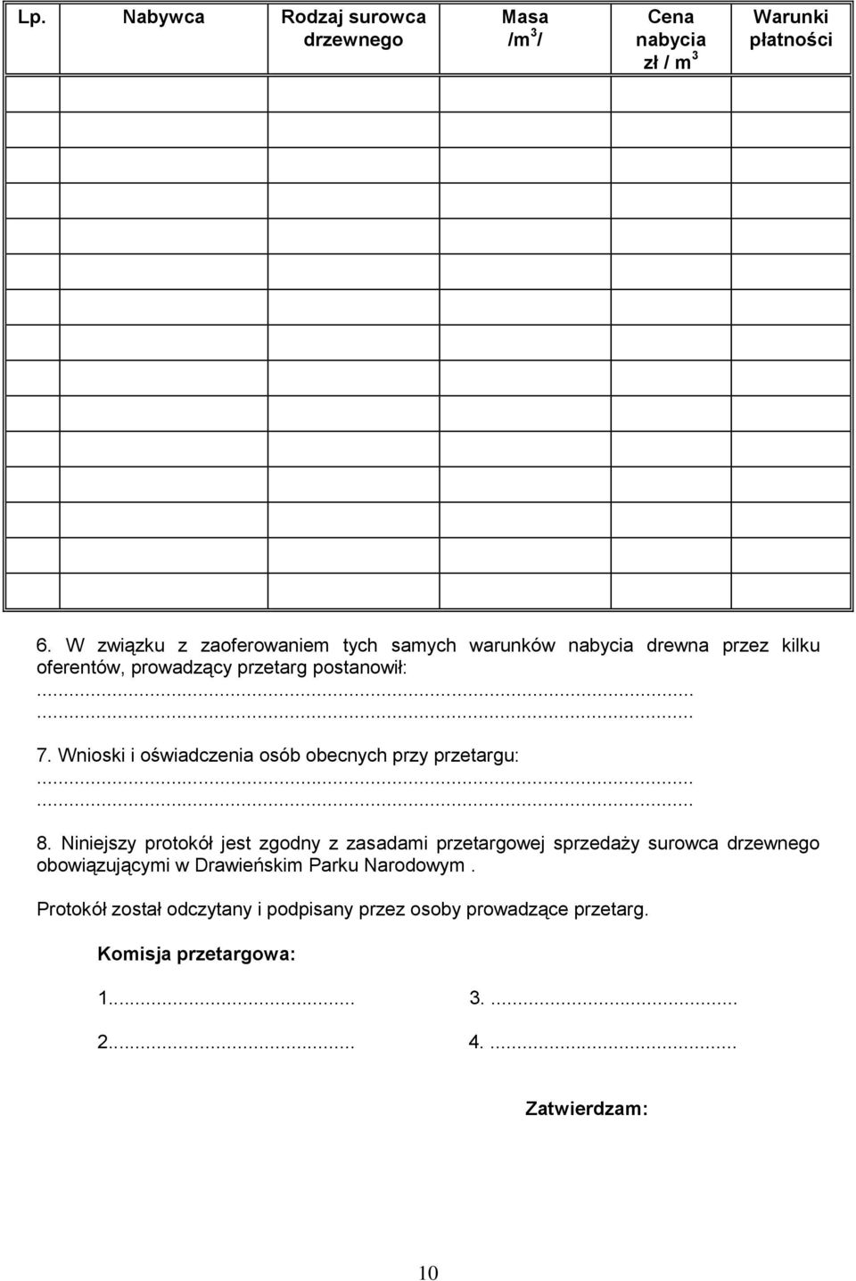 Wnioski i oświadczenia osób obecnych przy przetargu:...... 8.