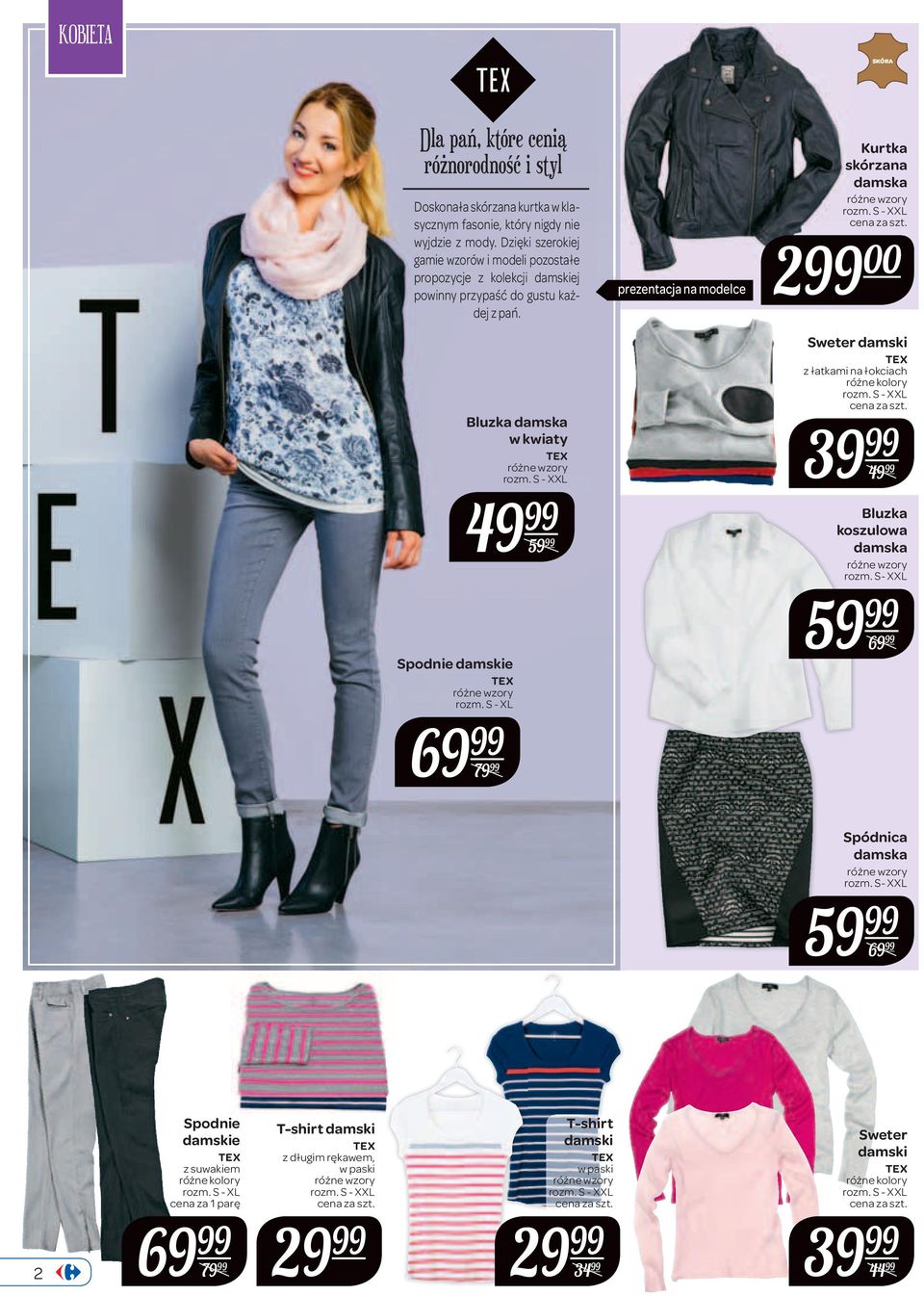 S - XL 69 79 Bluzka damska w kwiaty 49 59 prezentacja na modelce Kurtka skórzana damska 2 00 Sweter damski z łatkami na łokciach 49 Bluzka