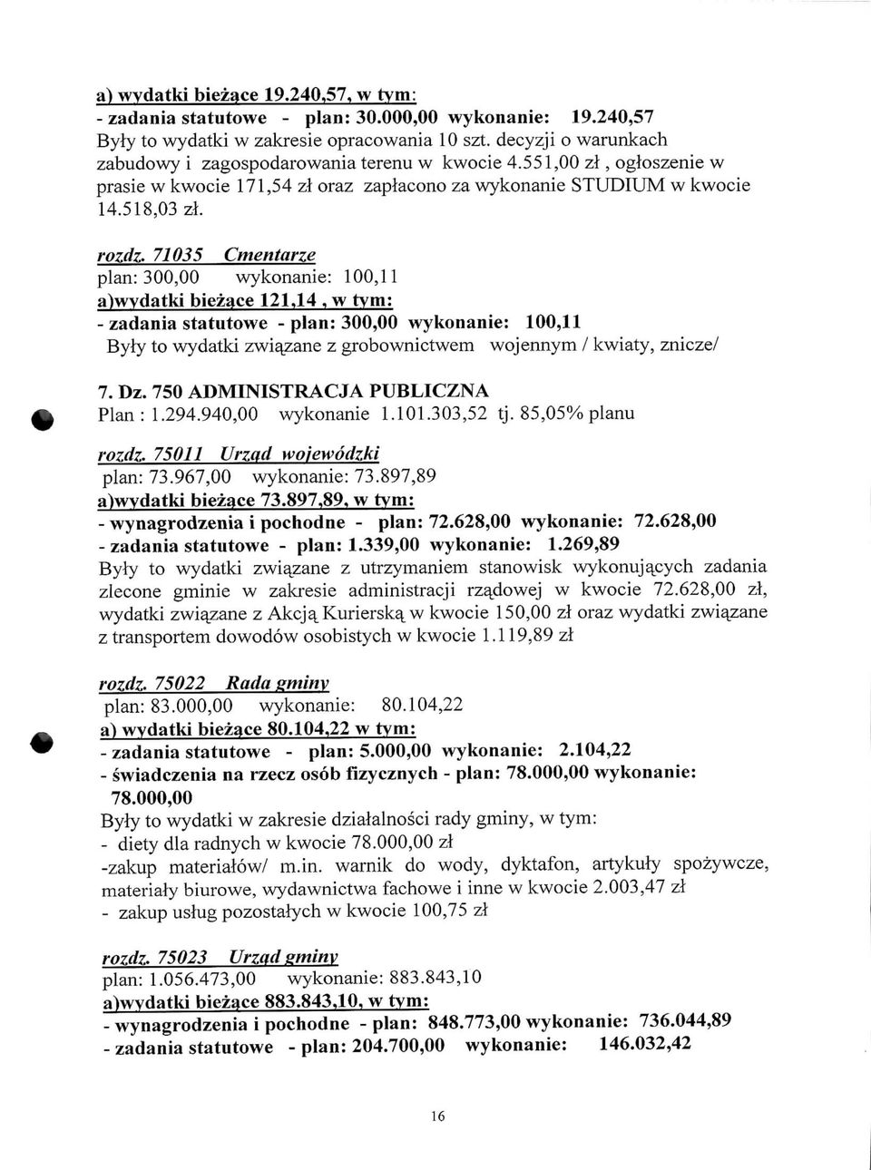 71035 Cmentarze plan: 300,00 wykonanie: 100,11 a)wydatki biezace 121,14, w tvm: - zadania statutowe - plan: 300,00 wykonanie: 100,11 Byty to wydatki zwia^zane z grobownictwem wojennym / kwiaty,
