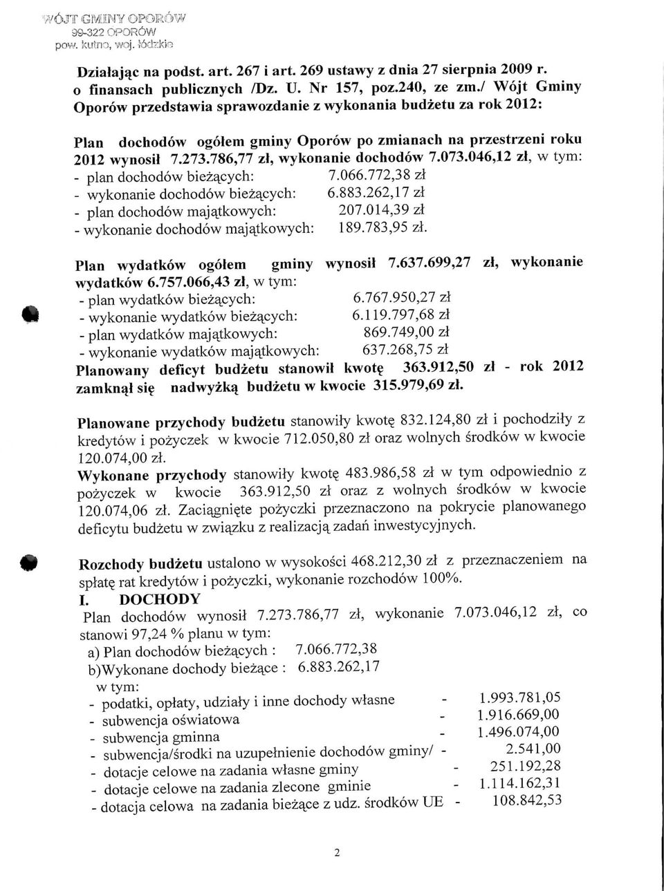 046,12 zl, w tym: - plan dochodow biezajoych: 7.066.772,38 zl - wykonanie dochodow bieza^cych: 6.883.262,17 zl - plan dochodow majatkowych: 207.014,39 zl - wykonanie dochodow majatkowych: 189.