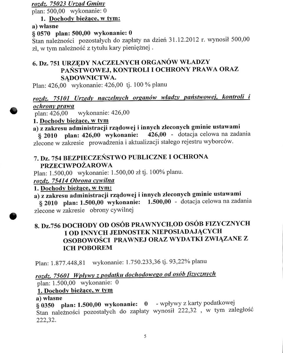 100 % planu rozdz. 75101 Urzedy naczelnych organow wladzv panstwowej, kontroli i ochronv prawa plan: 426,00 wykonanie: 426,00 1. Dochody biezace.