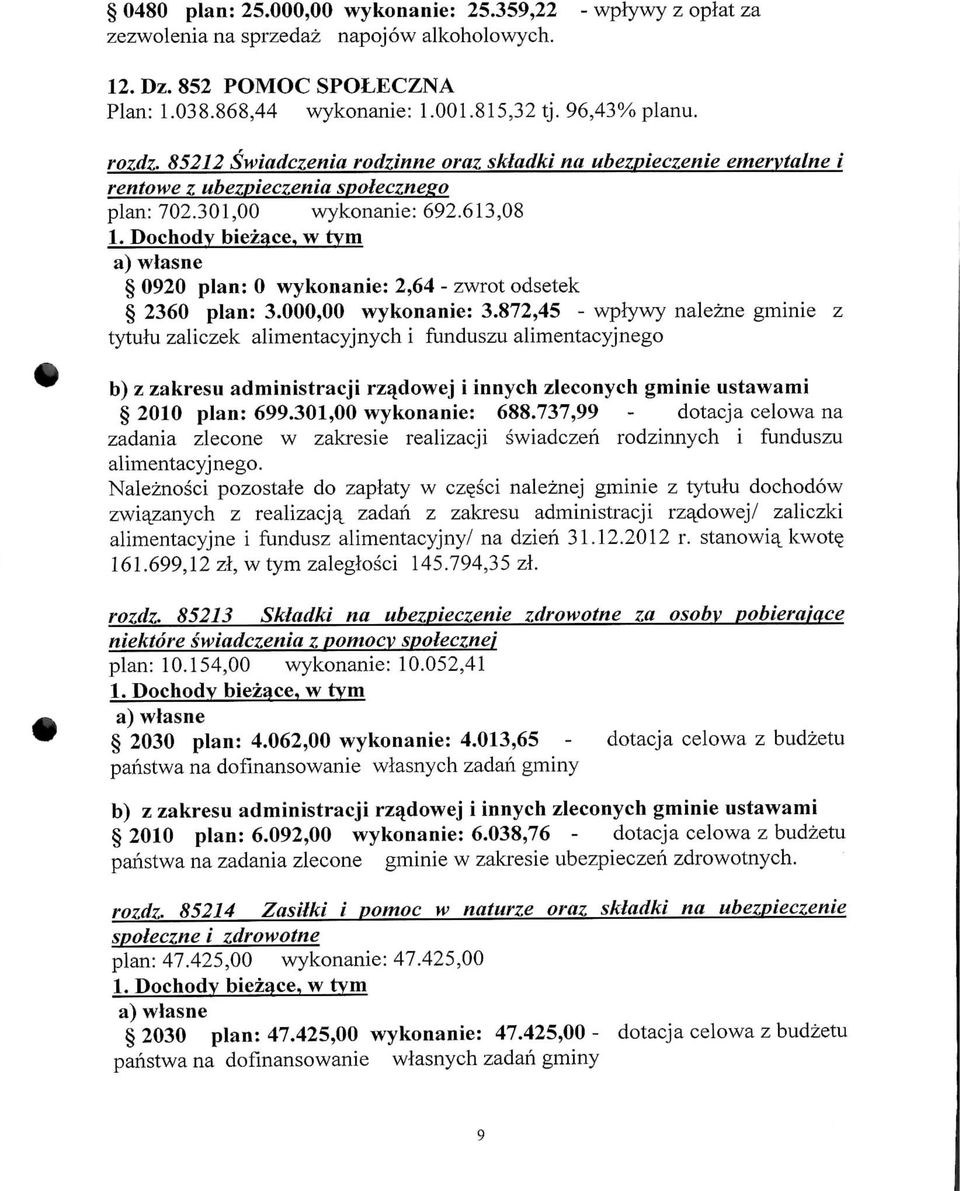 Dochodv biezace, w tym 0920 plan: 0 wykonanie: 2,64 - zwrot odsetek 2360 plan: 3.000,00 wykonanie: 3.