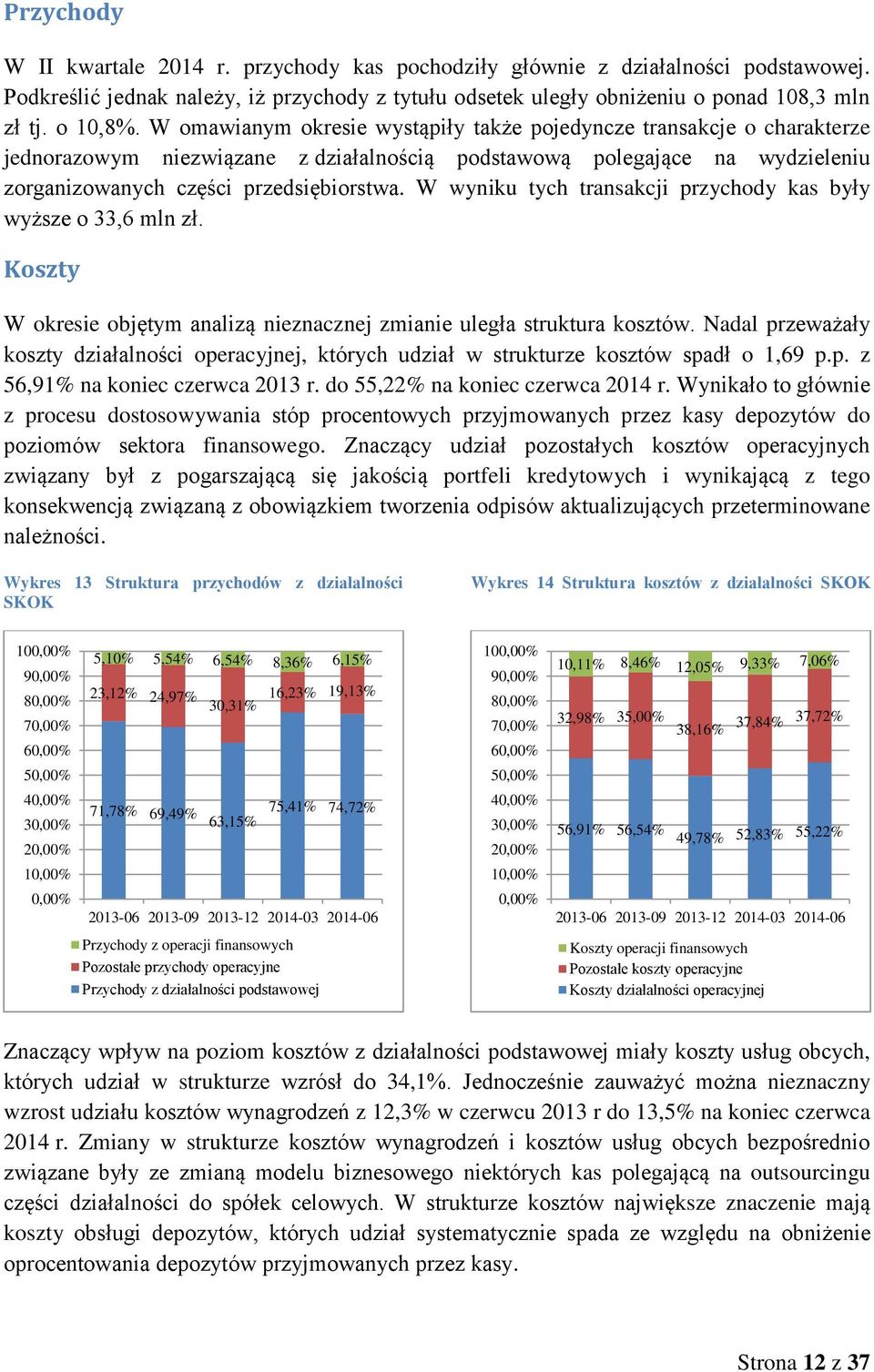 W wyniku tych transakcji przychody kas były wyższe o 33,6 mln zł. Koszty W okresie objętym analizą nieznacznej zmianie uległa struktura kosztów.