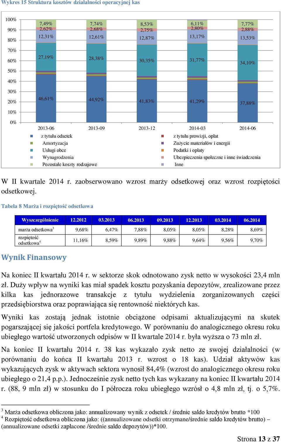 Usługi obce Podatki i opłaty Wynagrodzenia Ubezpieczenia społeczne i inne świadczenia Pozostałe koszty rodzajowe Inne W II kwartale 2014 r.