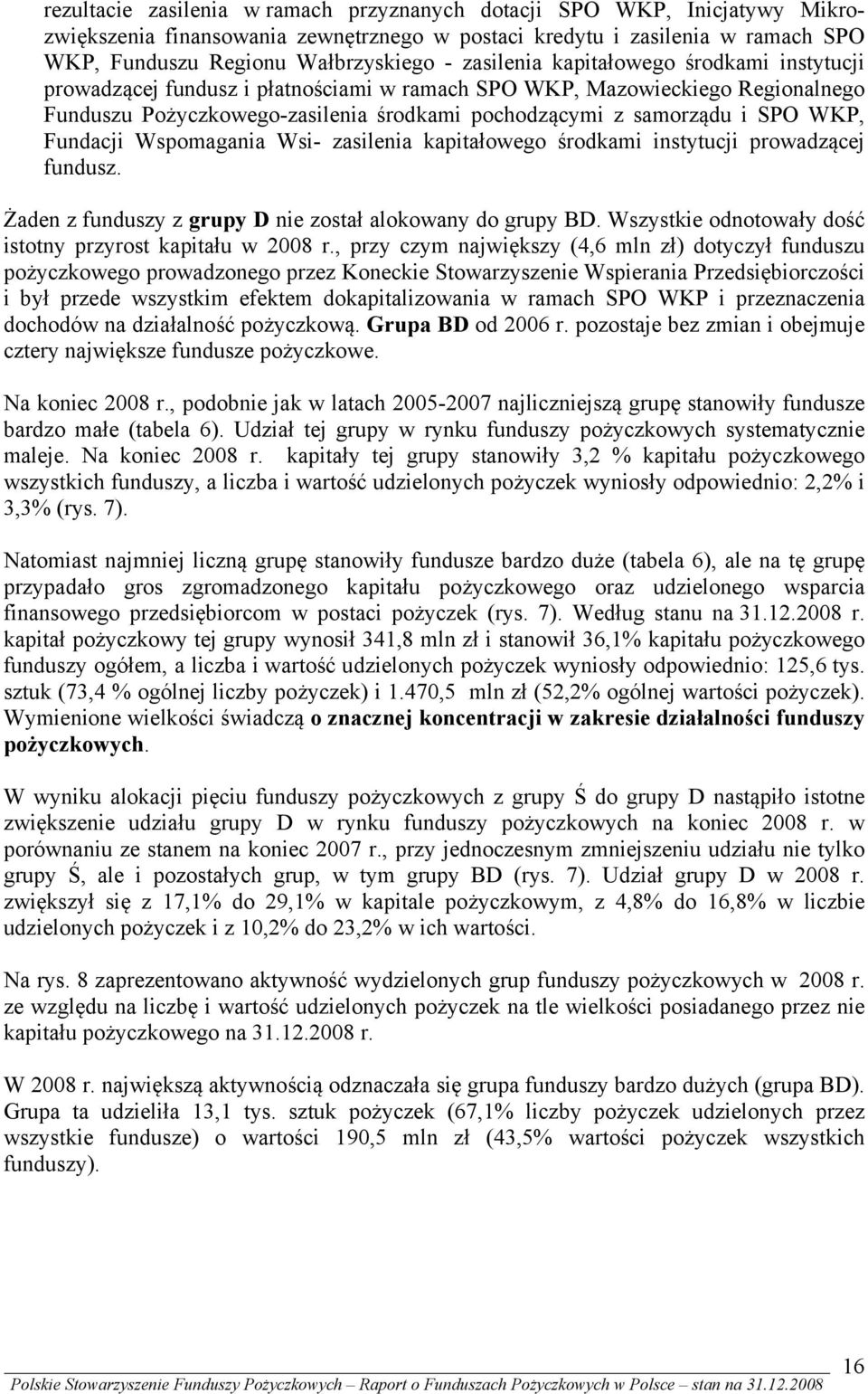 Fundacji Wspomagania Wsi- zasilenia kapitałowego środkami instytucji prowadzącej fundusz. Żaden z funduszy z grupy D nie został alokowany do grupy BD.
