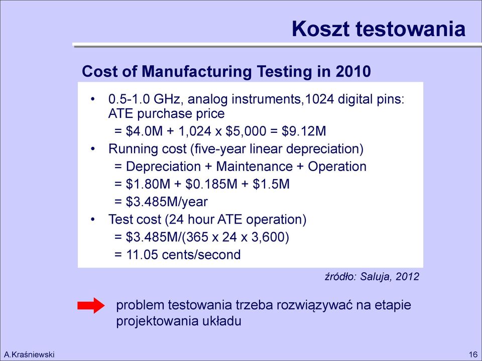 12M Running cost (five-year linear depreciation) = Depreciation + Maintenance + Operation = $1.80M + $0.185M + $1.