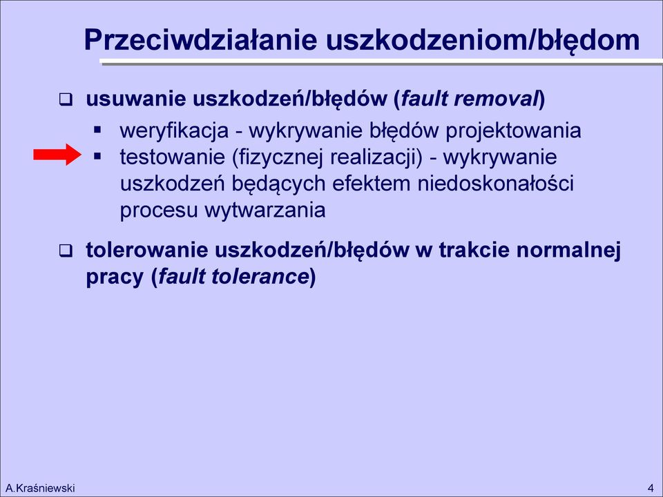 realizacji) - wykrywanie uszkodzeń będących efektem niedoskonałości procesu