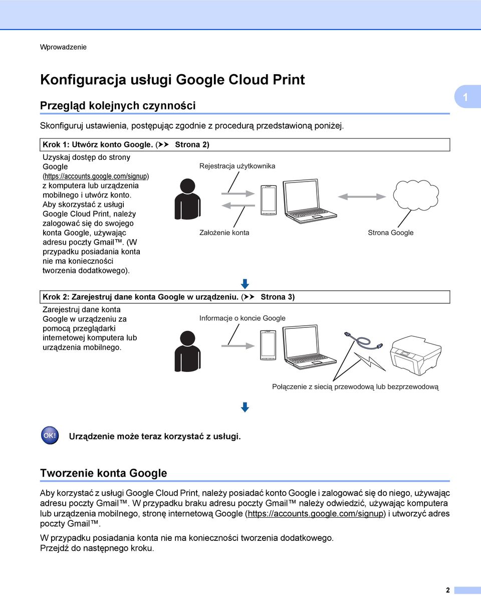Aby skorzystać z usługi Google Cloud Print, należy zalogować się do swojego konta Google, używając adresu poczty Gmail. (W przypadku posiadania konta nie ma konieczności tworzenia dodatkowego).