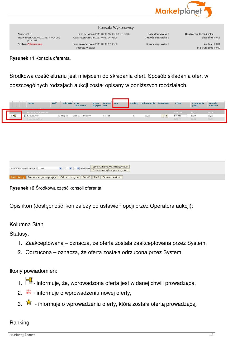 Opis ikon (dostępność ikon zależy od ustawień opcji przez Operatora aukcji): Kolumna Stan Statusy: 1. Zaakceptowana oznacza, że oferta została zaakceptowana przez System, 2.