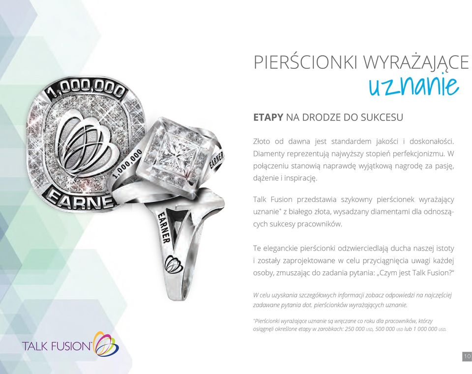 Talk Fusion przedstawia szykowny pierścionek wyrażający uznanie * z białego złota, wysadzany diamentami dla odnoszących sukcesy pracowników.