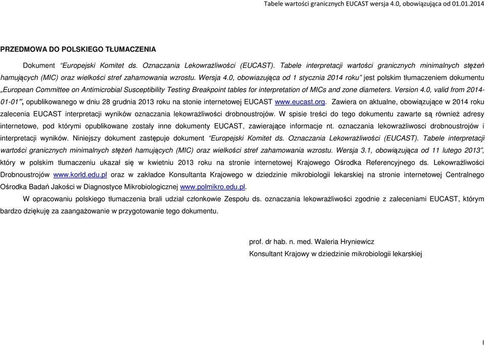 0, obowiazująca od 1 stycznia 2014 roku jest polskim tłumaczeniem dokumentu European Committee on Antimicrobial Susceptibility Testing Breakpoint tables for interpretation of MICs and zone diameters.