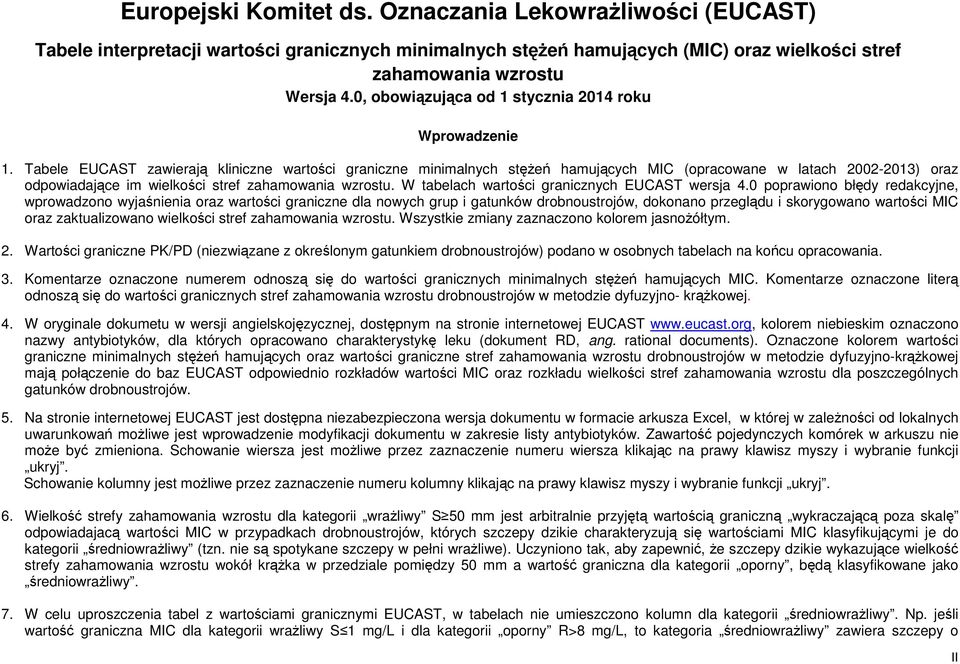 Tabele EUCAST zawierają kliniczne wartości graniczne minimalnych stężeń hamujących MIC (opracowane w latach 2002-2013) oraz odpowiadające im wielkości stref zahamowania wzrostu.