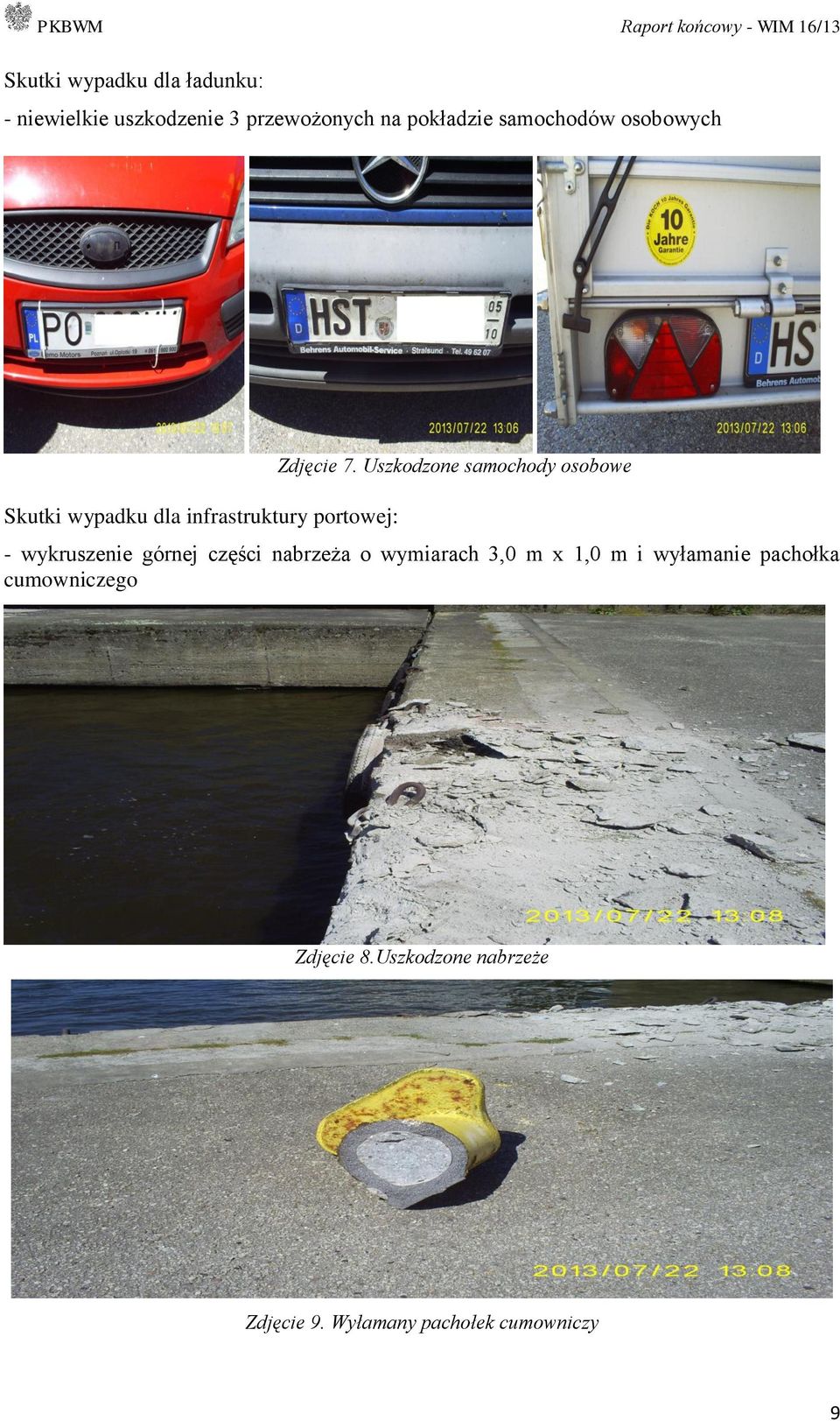 Uszkodzone samochody osobowe - wykruszenie górnej części nabrzeża o wymiarach 3,0 m x