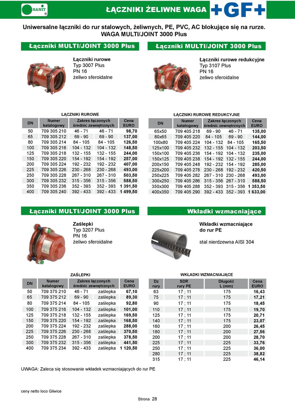 sferoidalne N ŁĄCZNIKI RUROWE Zakres łączonych średnic zewnętrznych Cena EURO 50 709 305 210 46-71 46-71 98,70 65 709 305 212 69-90 69-90 137,00 80 709 305 214 84-105 84-105 126,50 100 709 305 216
