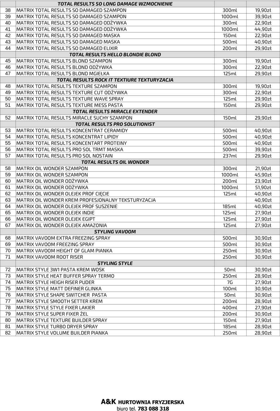 RESULTS SO DAMAGED ELIXIR 200ml 29,90zł TOTAL RESULTS HELLO BLONDIE BLOND 45 MATRIX TOTAL RESULTS BLOND SZAMPON 300ml 19,90zł 46 MATRIX TOTAL RESULTS BLOND ODŻYWKA 300ml 22,90zł 47 MATRIX TOTAL