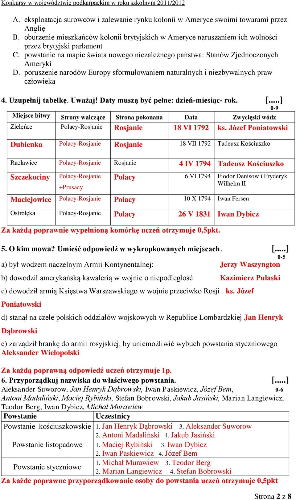 Daty muszą być pełne: dzień-miesiąc- rok. [...] 0-9 Miejsce bitwy Strony walczące Strona pokonana Data Zwycięski wódz Zieleńce olacy-rosjanie Rosjanie 18 VI 1792 ks.