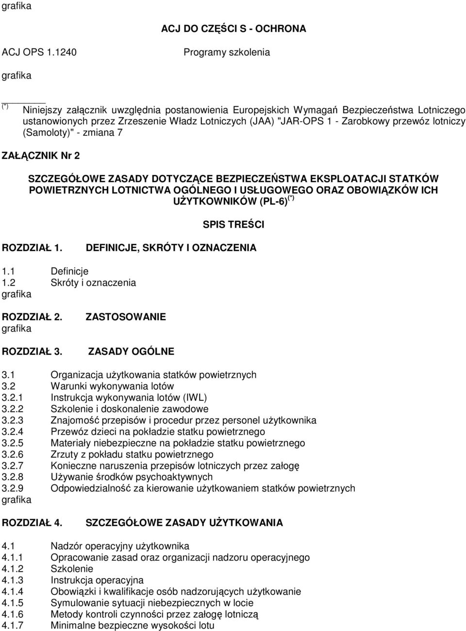 przewóz lotniczy (Samoloty)" - zmiana 7 ZAŁCZNIK Nr 2 SZCZEGÓŁOWE ZASADY DOTYCZCE BEZPIECZESTWA EKSPLOATACJI STATKÓW POWIETRZNYCH LOTNICTWA OGÓLNEGO I USŁUGOWEGO ORAZ OBOWIZKÓW ICH UYTKOWNIKÓW (PL-6)