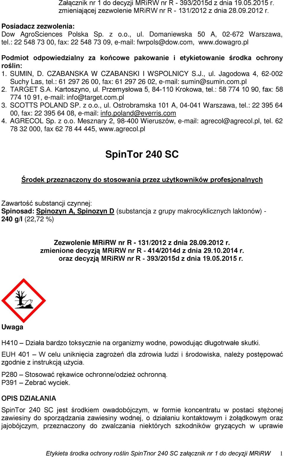 SUMIN, D. CZABANSKA W CZABANSKI I WSPOLNICY S.J., ul. Jagodowa 4, 62-002 Suchy Las, tel.: 61 297 26 00, fax: 61 297 26 02, e-mail: sumin@sumin.com.pl 2. TARGET S.A. Kartoszyno, ul.