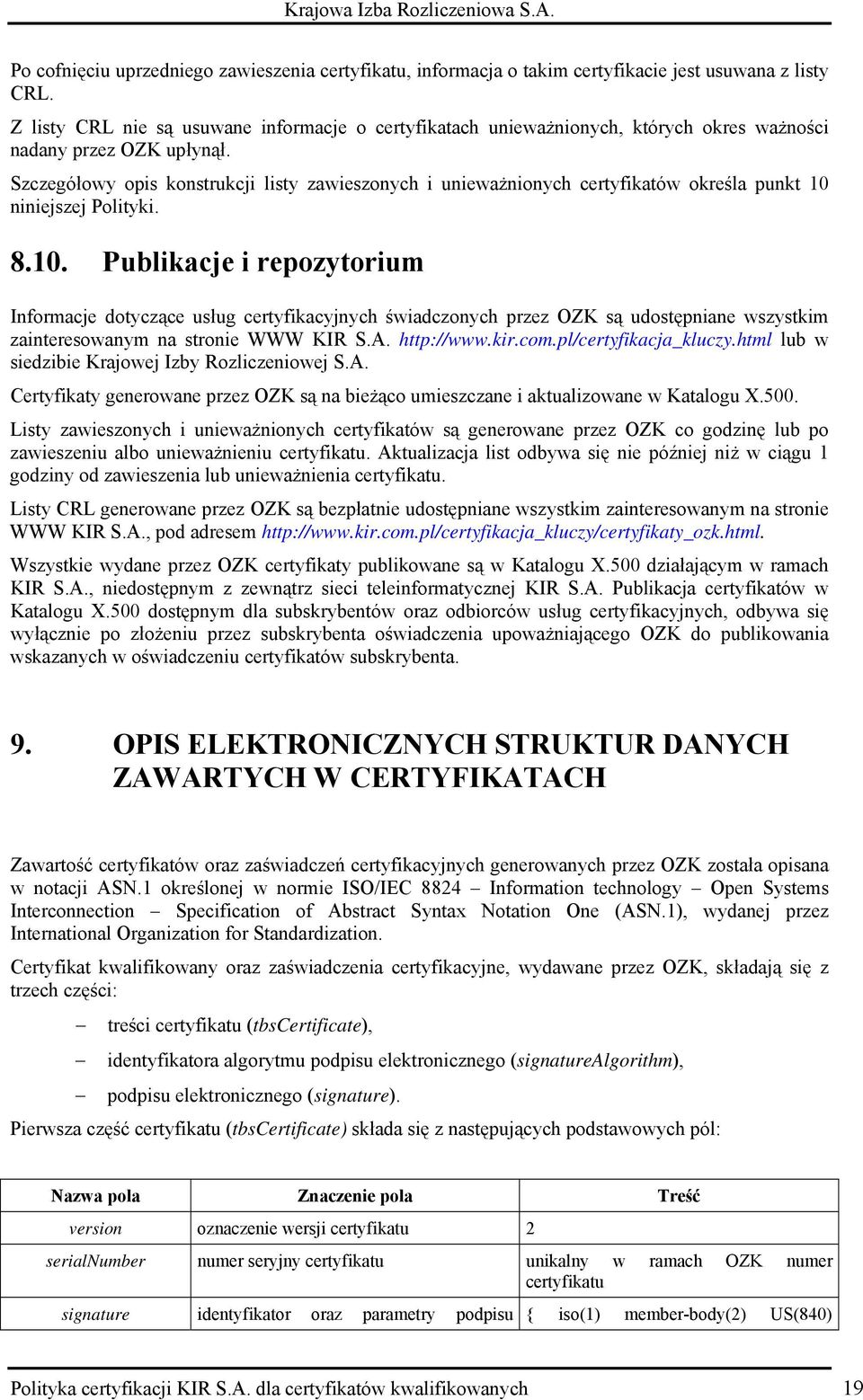 Szczegółowy opis konstrukcji listy zawieszonych i unieważnionych certyfikatów określa punkt 10 
