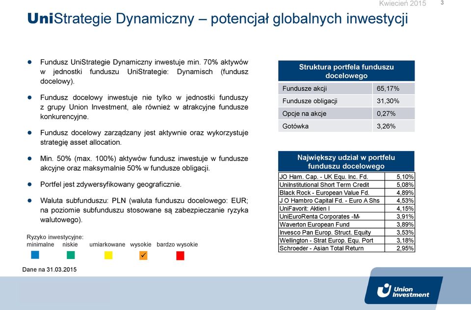 Fundusz docelowy zarządzany jest aktywnie oraz wykorzystuje strategię asset allocation.