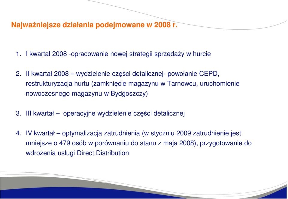 uruchomienie nowoczesnego magazynu w Bydgoszczy) 3. III kwartał operacyjne wydzielenie części detalicznej 4.