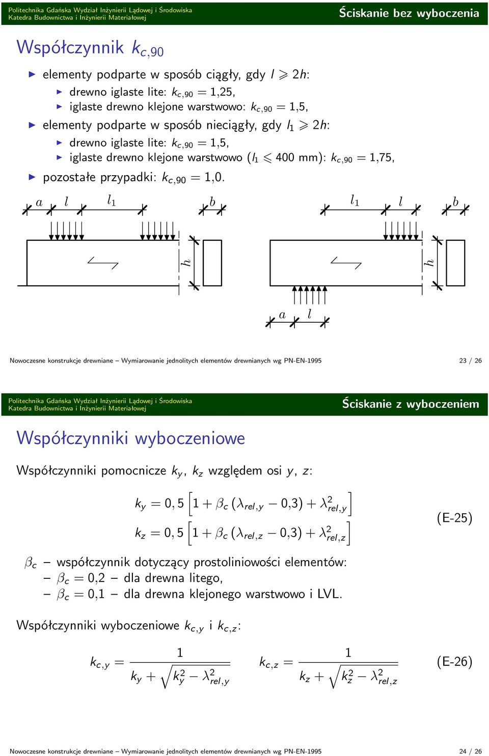 a l l 1 b l 1 l b h h a l Nowoczesne konstrukcje drewniane Wymiarowanie jednolitych elementów drewnianych wg PN-EN-1995 23 / 26 Ściskanie z wyboczeniem Współczynniki wyboczeniowe Współczynniki