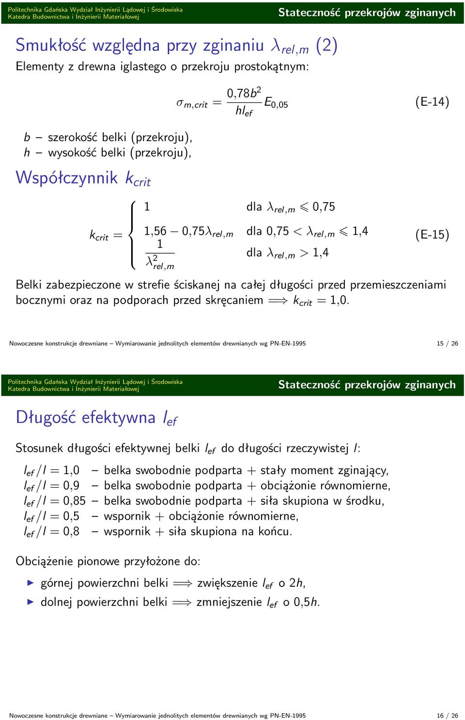 na całej długości przed przemieszczeniami bocznymi oraz na podporach przed skręcaniem = k crit = 1,0.