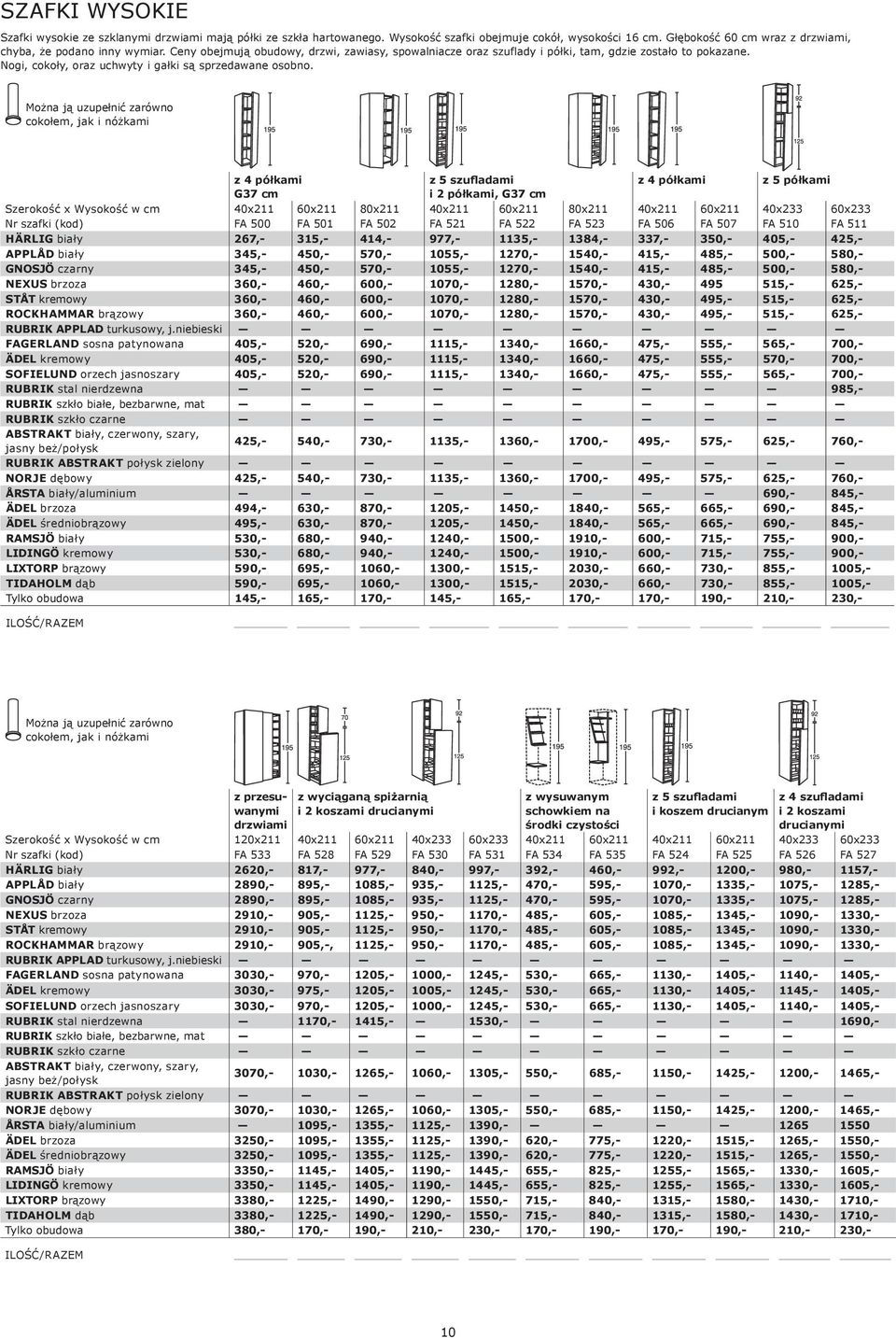 z 4 półkami G37 cm z 5 szufladami i 2 półkami, G37 cm z 4 półkami z 5 półkami Szerokość x Wysokość w cm 40x211 x211 80x211 40x211 x211 80x211 40x211 x211 40x233 x233 Nr szafki (kod) FA 500 FA 501 FA