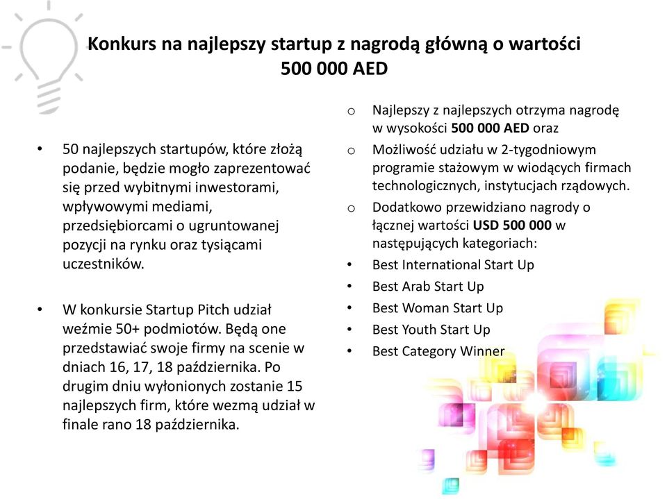 Będą one przedstawiać swoje firmy na scenie w dniach 16, 17, 18 października. Po drugim dniu wyłonionych zostanie 15 najlepszych firm, które wezmą udział w finale rano 18 października.