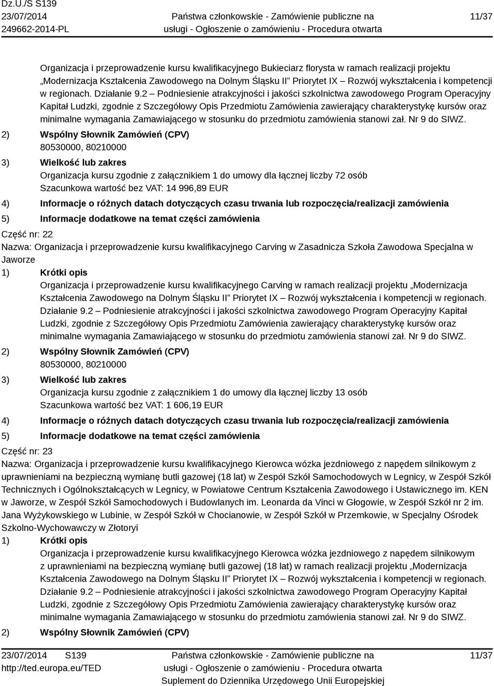 kwalifikacyjnego Carving w ramach realizacji projektu Modernizacja Kształcenia Zawodowego na Dolnym Śląsku II Priorytet IX Rozwój wykształcenia i kompetencji w regionach. Działanie 9.