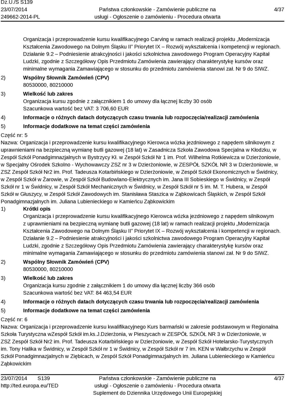 2 Podniesienie atrakcyjności i jakości szkolnictwa zawodowego Program Operacyjny Kapitał Ludzki, zgodnie z Szczegółowy Opis Przedmiotu Zamówienia zawierający charakterystykę kursów oraz Organizacja