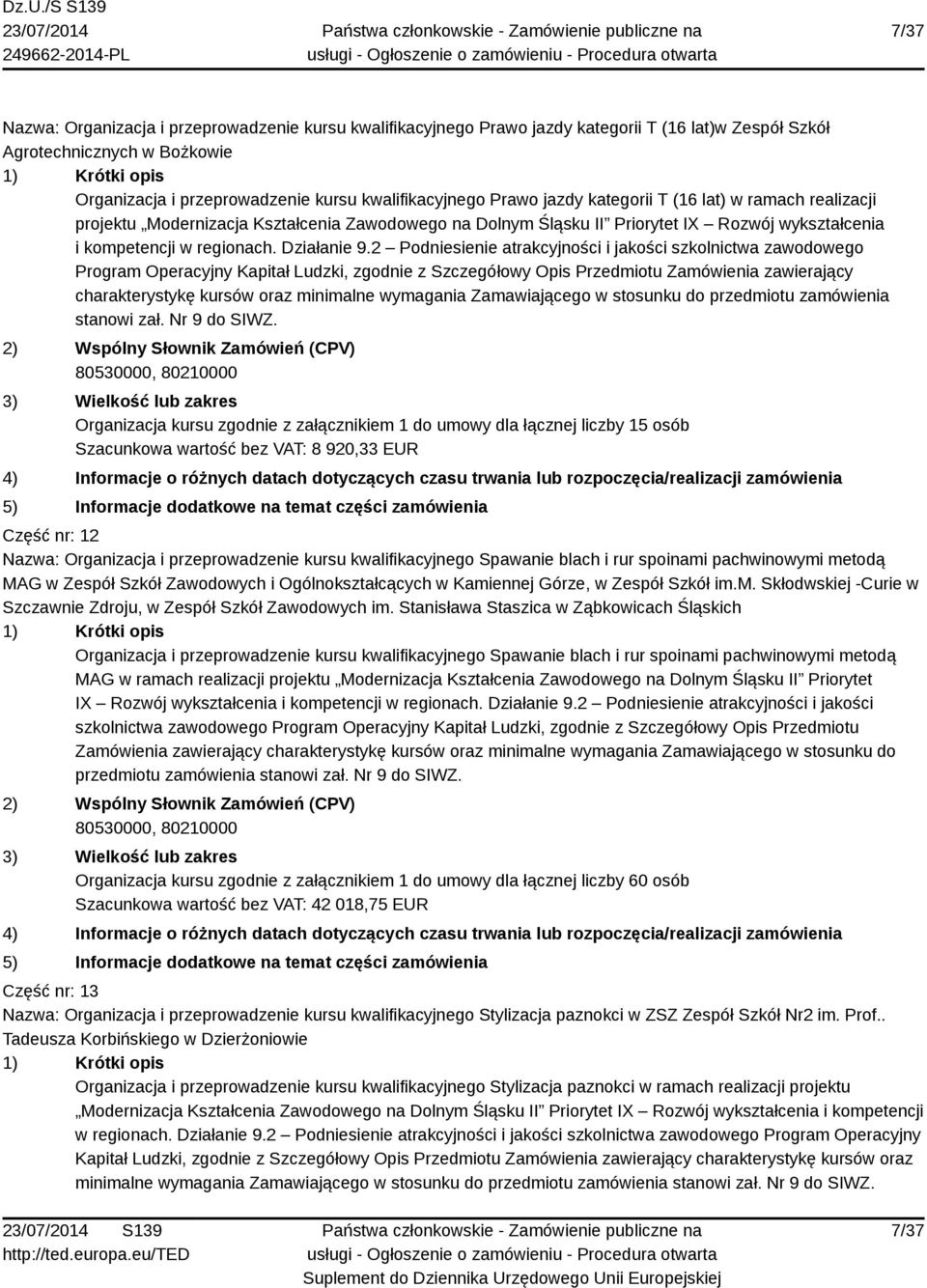 2 Podniesienie atrakcyjności i jakości szkolnictwa zawodowego Program Operacyjny Kapitał Ludzki, zgodnie z Szczegółowy Opis Przedmiotu Zamówienia zawierający charakterystykę kursów oraz minimalne