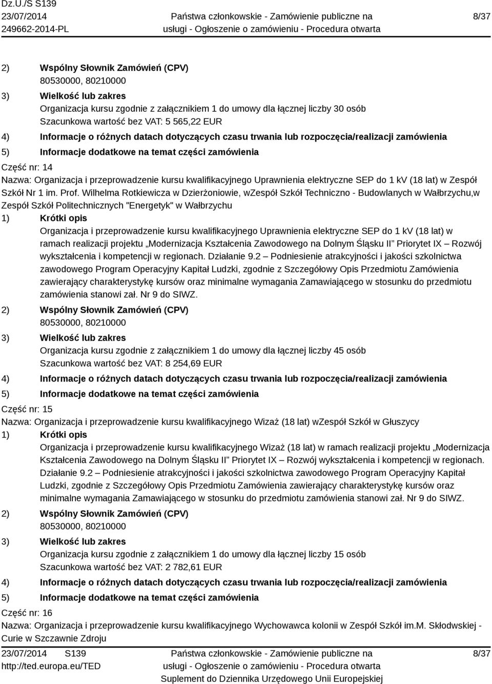 Wilhelma Rotkiewicza w Dzierżoniowie, wzespół Szkół Techniczno - Budowlanych w Wałbrzychu,w Zespół Szkół Politechnicznych "Energetyk" w Wałbrzychu Organizacja i przeprowadzenie kursu kwalifikacyjnego