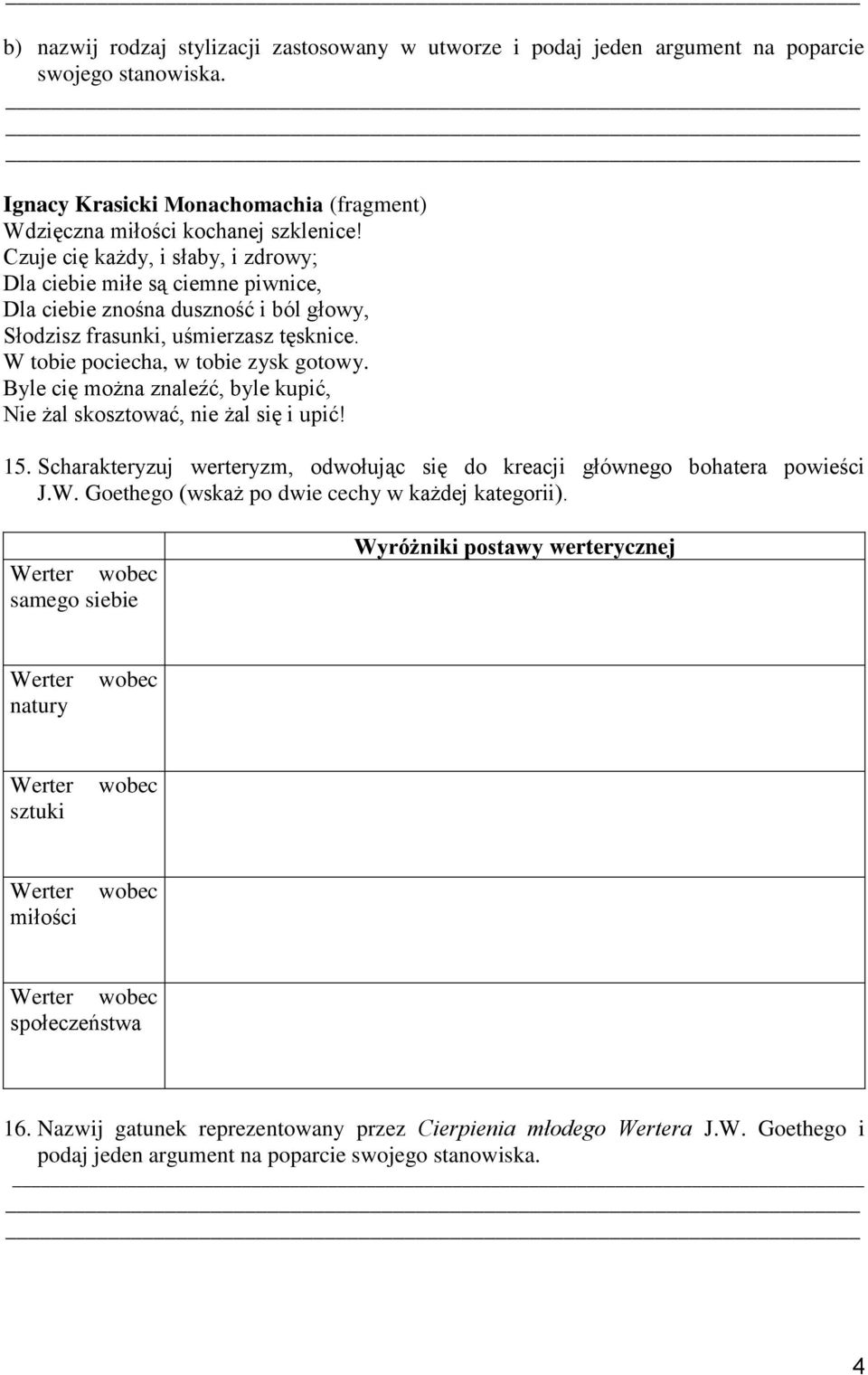 Byle cię można znaleźć, byle kupić, Nie żal skosztować, nie żal się i upić! 15. Scharakteryzuj werteryzm, odwołując się do kreacji głównego bohatera powieści J.W.