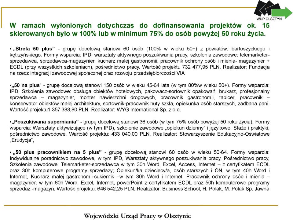 Formy wsparcia: IPD, warsztaty aktywnego poszukiwania pracy, szkolenia zawodowe: telemarketersprzedawca, sprzedawca-magazynier, kucharz małej gastronomii, pracownik ochrony osób i mienia- magazynier