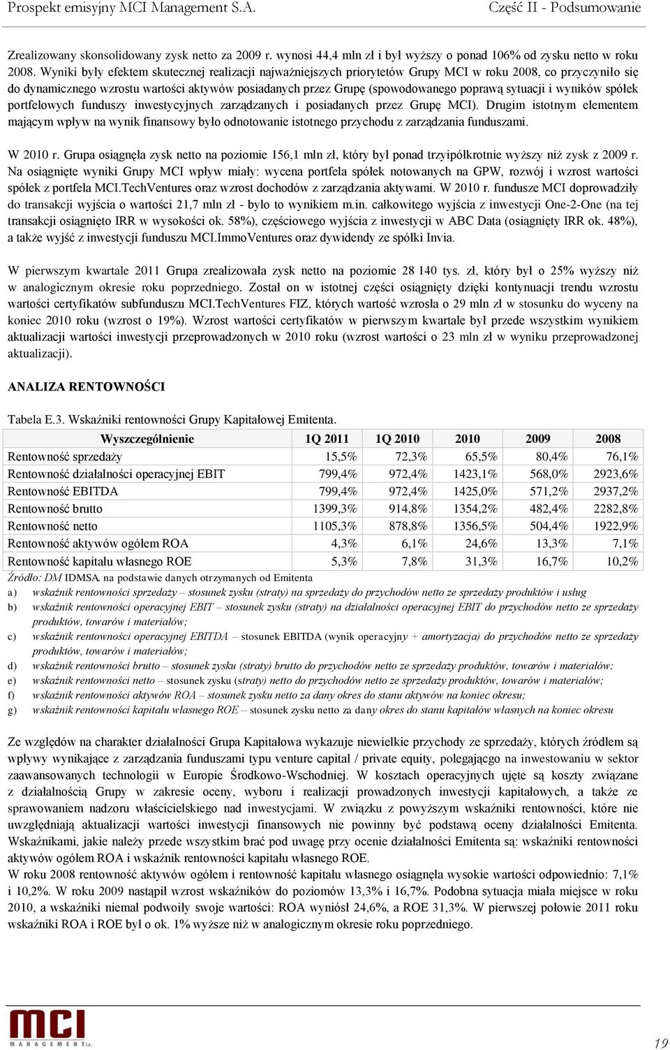 sytuacji i wyników spółek portfelowych funduszy inwestycyjnych zarządzanych i posiadanych przez Grupę MCI).