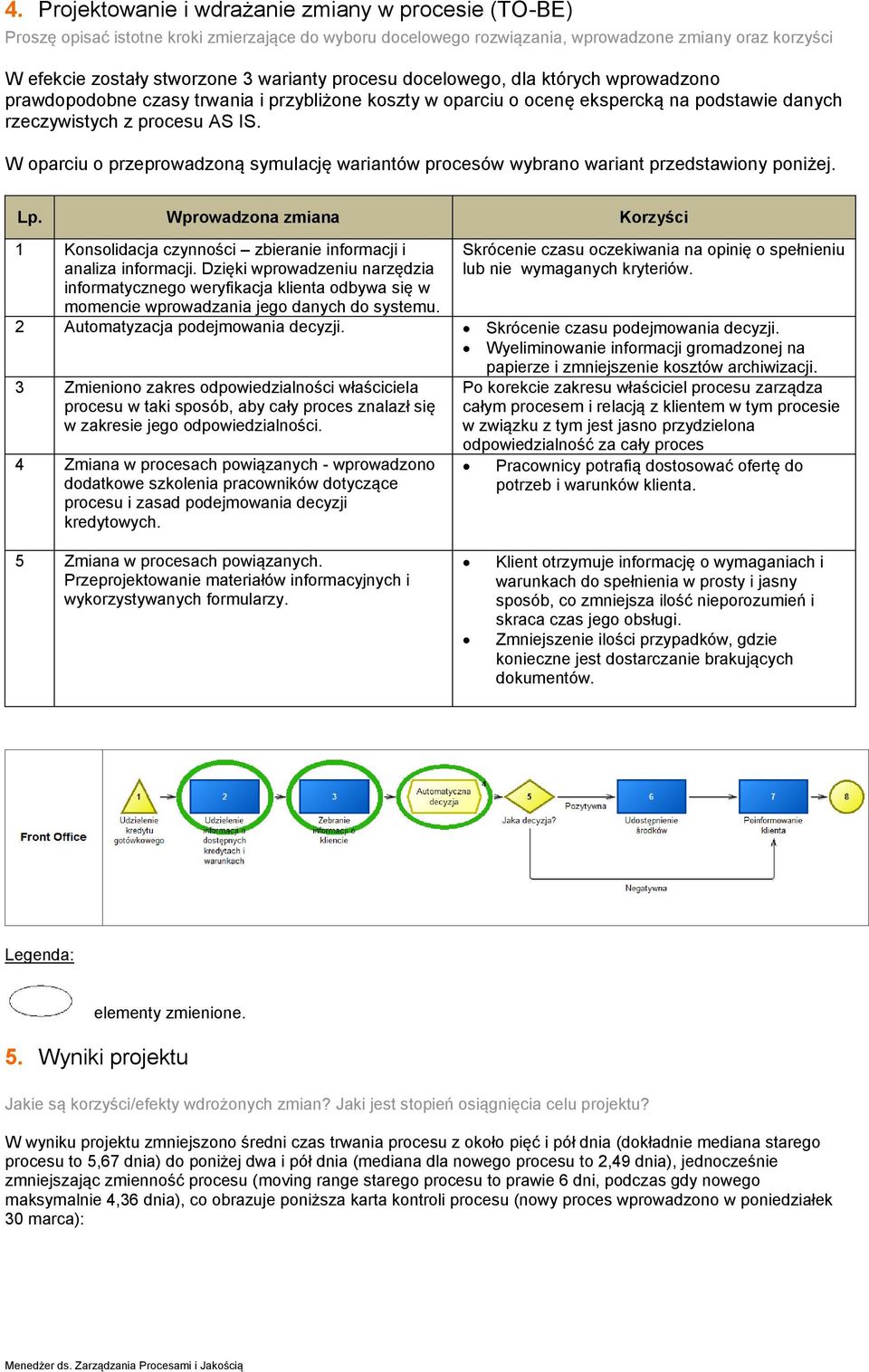 W oparciu o przeprowadzoną symulację wariantów procesów wybrano wariant przedstawiony poniżej. Lp. Wprowadzona zmiana Korzyści 1 Konsolidacja czynności zbieranie informacji i analiza informacji.