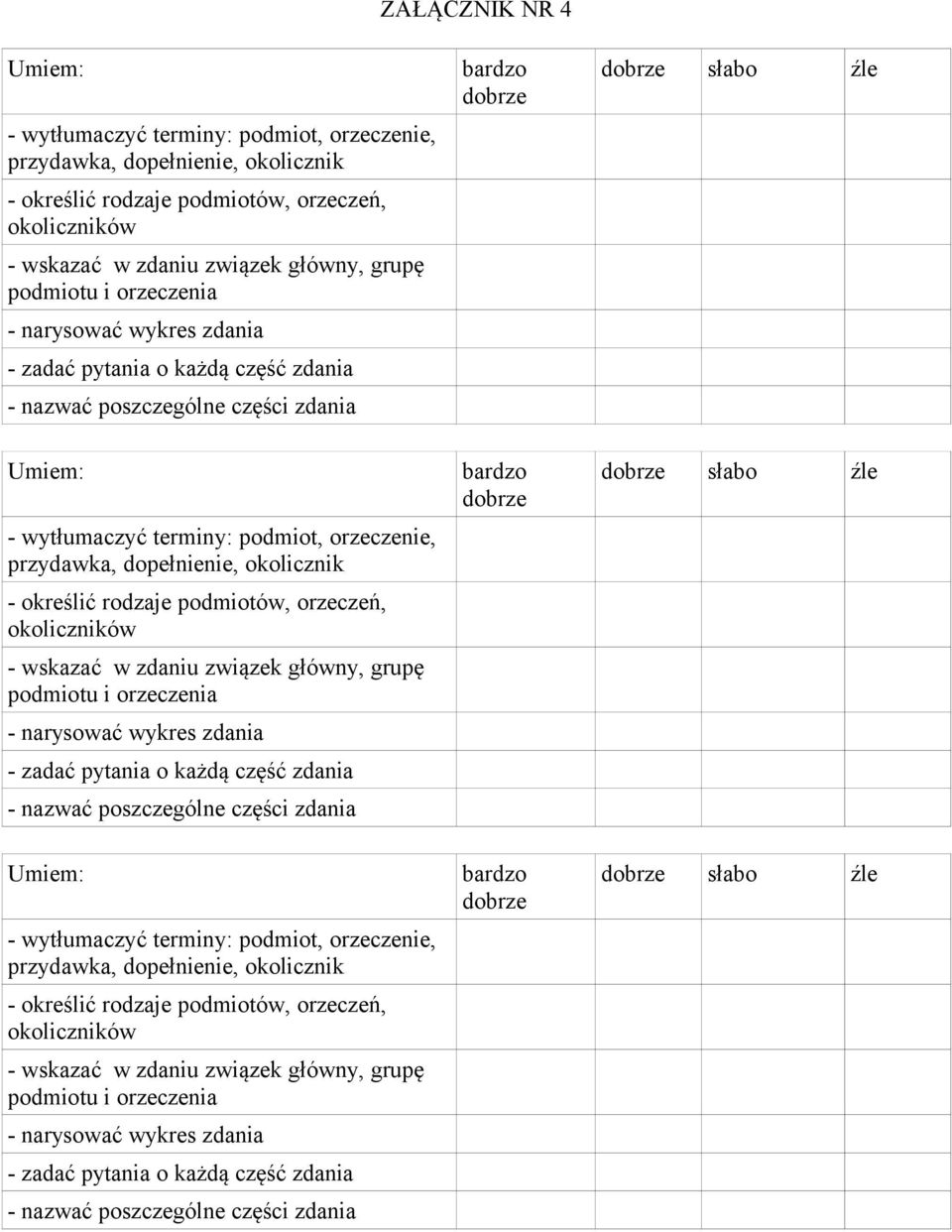 przydawka, pełnienie, okolicznik - określić rodzaje podmiotów, orzeczeń, okoliczników - wskazać w zdaniu związek główny, grupę  przydawka, pełnienie, okolicznik - określić rodzaje podmiotów,