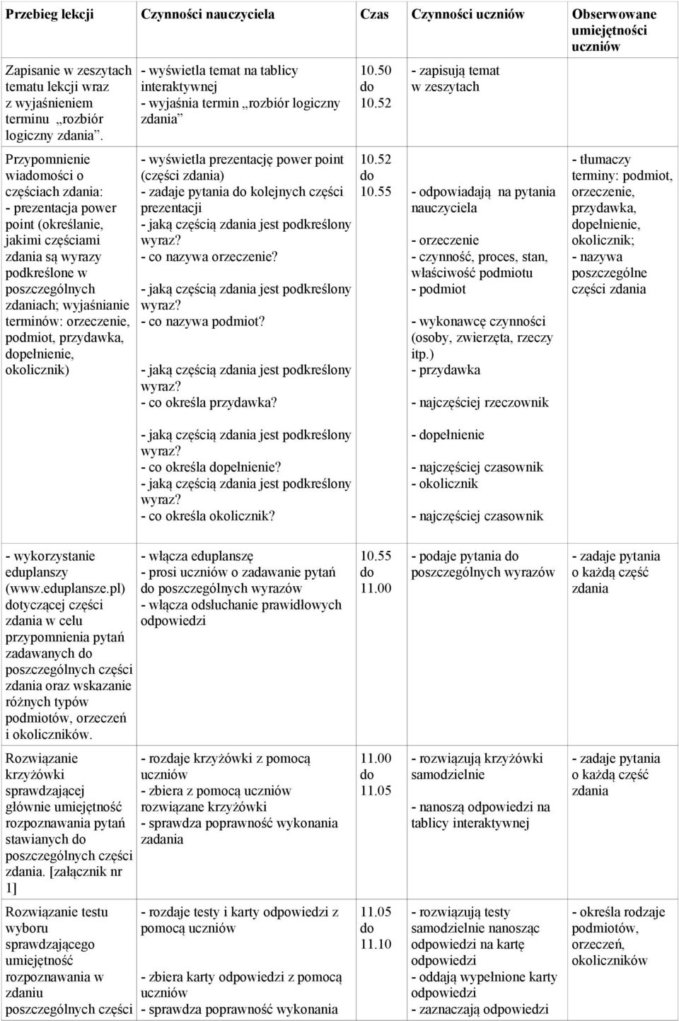 przydawka, pełnienie, okolicznik) - wyświetla temat na tablicy interaktywnej - wyjaśnia termin rozbiór logiczny zdania - wyświetla prezentację power point (części zdania) - zadaje pytania kolejnych