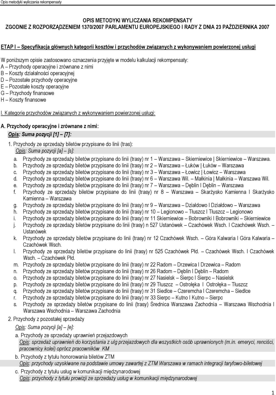 operacyjnej D Pozostałe przychody operacyjne E Pozostałe koszty operacyjne G Przychody finansowe H Koszty finansowe I. Kategorie przychodów związanych z wykonywaniem powierzonej usługi: A.