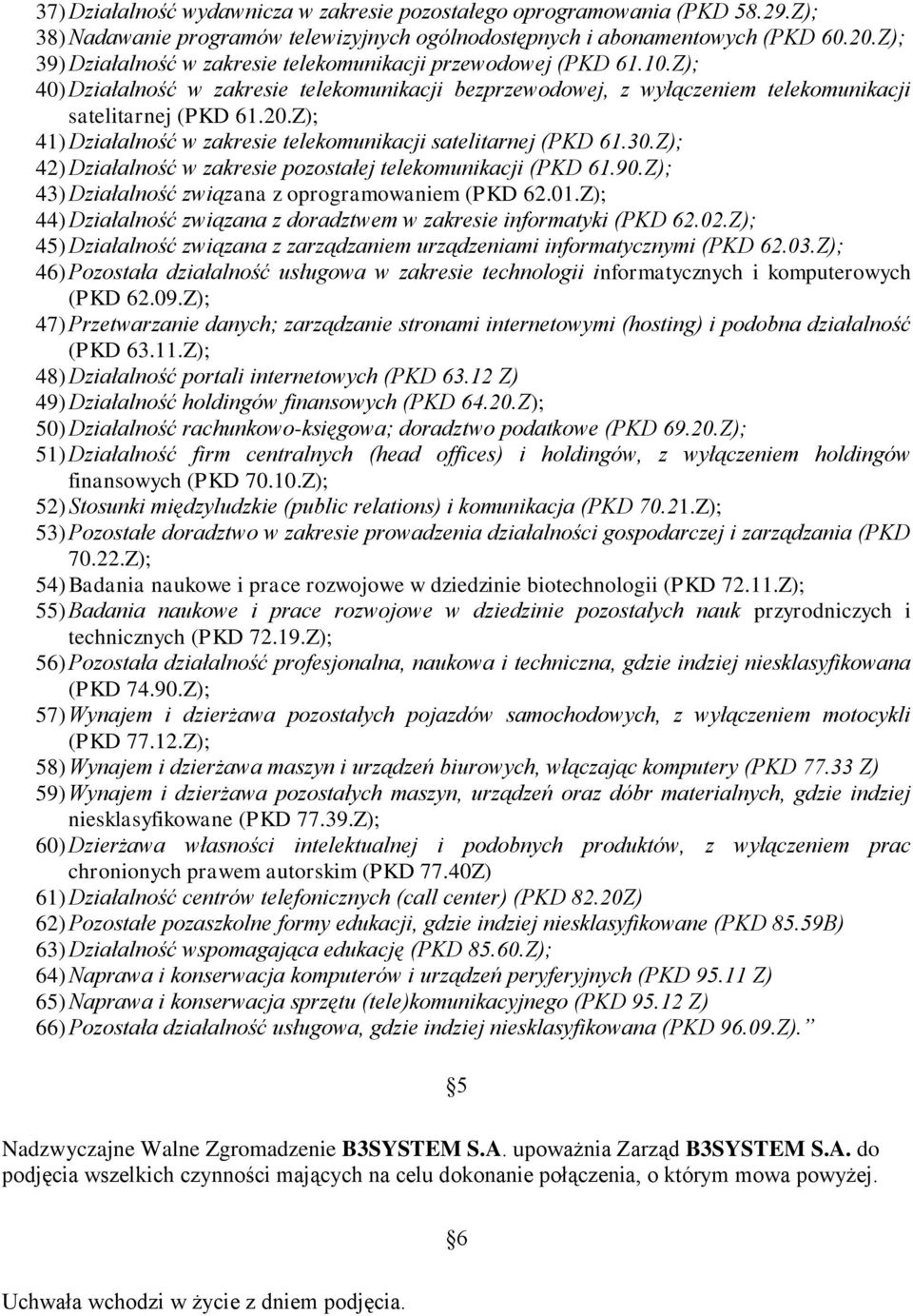 Z); 41) Działalność w zakresie telekomunikacji satelitarnej (PKD 61.30.Z); 42) Działalność w zakresie pozostałej telekomunikacji (PKD 61.90.Z); 43) Działalność związana z oprogramowaniem (PKD 62.01.