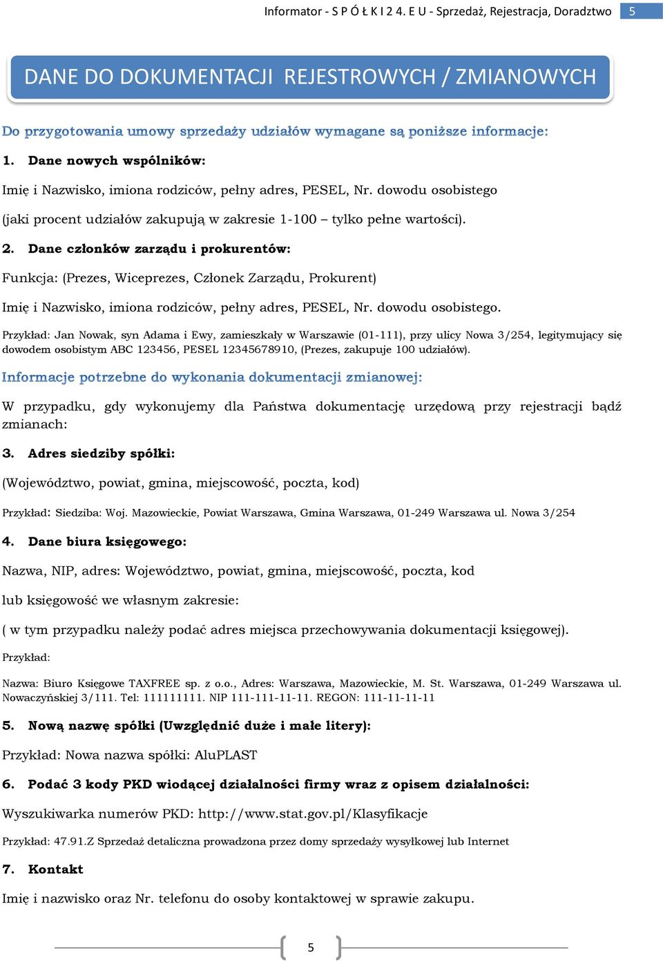 Dane członków zarządu i prokurentów: Funkcja: (Prezes, Wiceprezes, Członek Zarządu, Prokurent) Imię i Nazwisko, imiona rodziców, pełny adres, PESEL, Nr. dowodu osobistego.