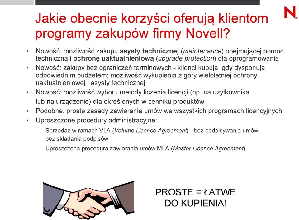 klienci kupują, gdy dysponują odpowiednim budżetem; możliwość wykupienia z góry wieloletniej ochrony uaktualnieniowej i asysty technicznej Nowość: możliwość wyboru metody liczenia licencji (np.