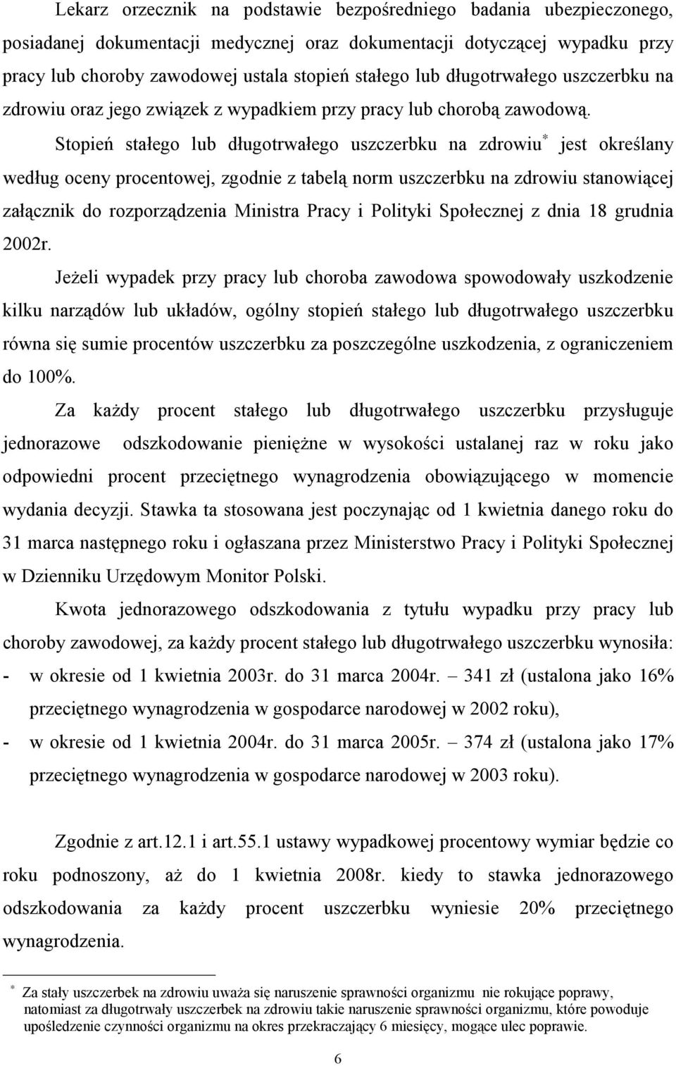 Stopień stałego lub długotrwałego uszczerbku na zdrowiu jest określany według oceny procentowej, zgodnie z tabelą norm uszczerbku na zdrowiu stanowiącej załącznik do rozporządzenia Ministra Pracy i