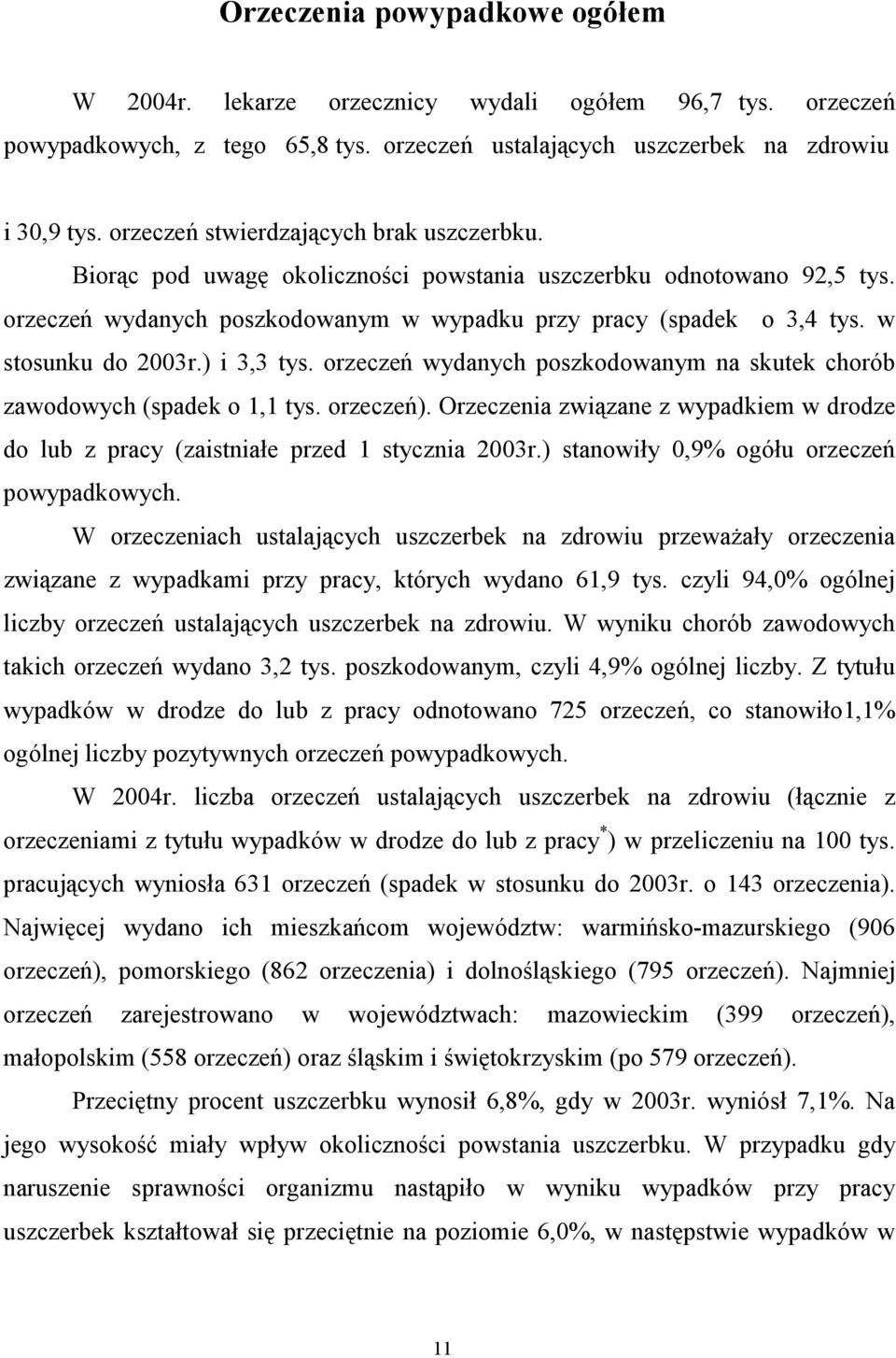 w stosunku do 2003r.) i 3,3 tys. orzeczeń wydanych poszkodowanym na skutek chorób zawodowych (spadek o 1,1 tys. orzeczeń).